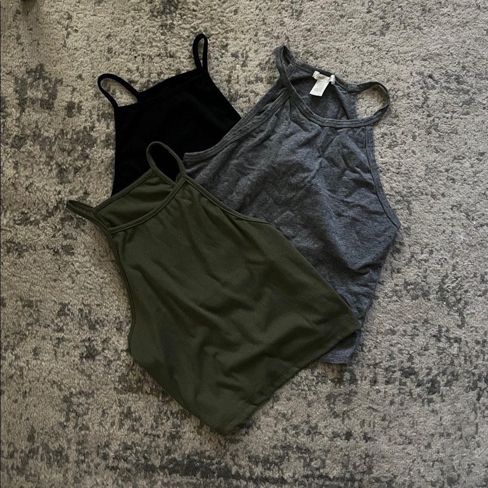 Casual Ribbed High Neck Tank Top - Black, Gray, Olive